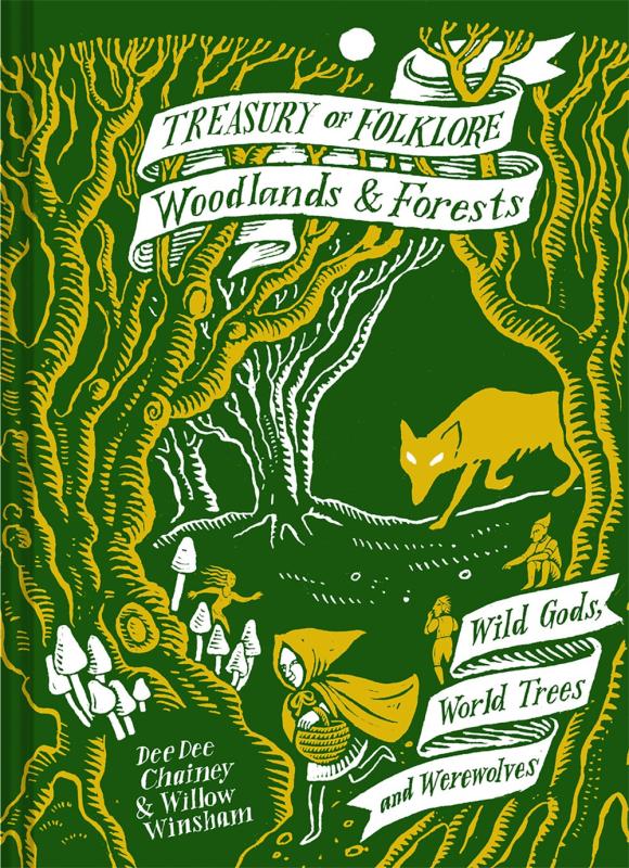 Heavily illustrated green book cover with yellow and white designs picturing folkloric woodland scenery.