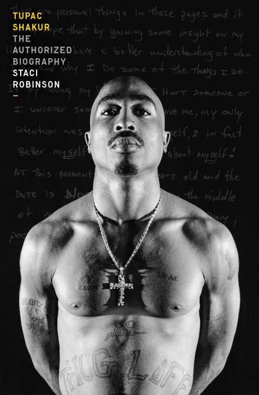 tupac in black and white on black cover with white text