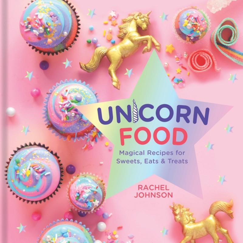 various rainbow colored cupcakes and two golden unicorns against a pink background and the title text against a rainbow star