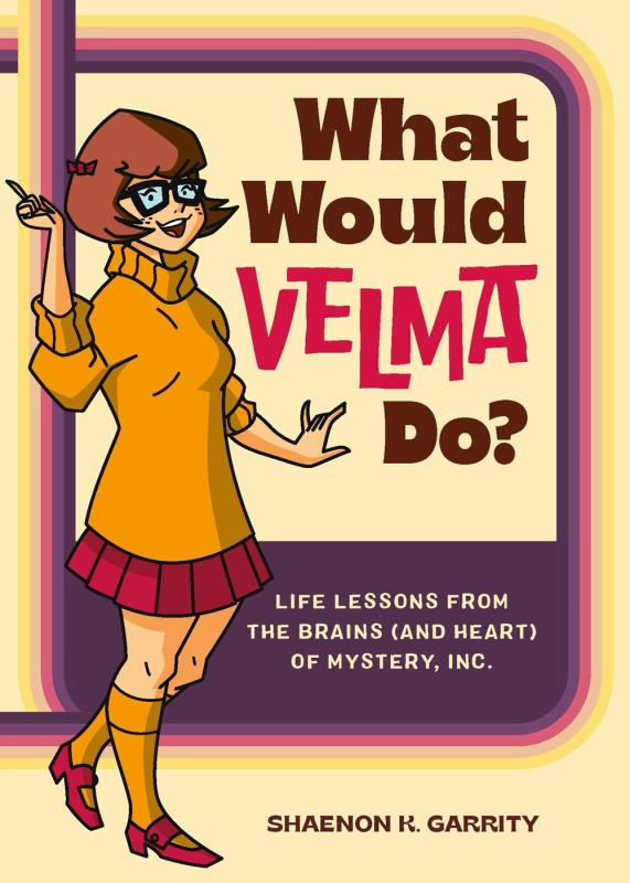 Cartoon illustration of Velma from Scooby-Doo, with a multicolor outline box with the info text