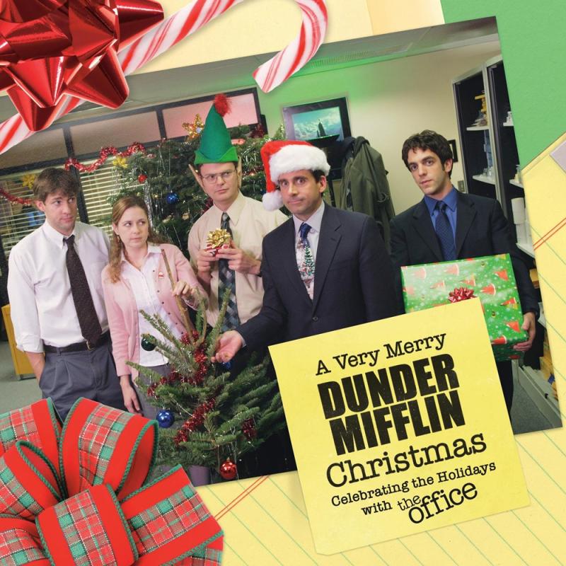 people standing in an office with christmas decor with black text inside a yellow box