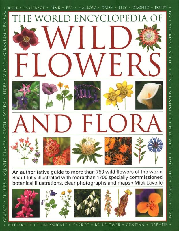 collage of various illustrations of flowers and plants with red text and white cover