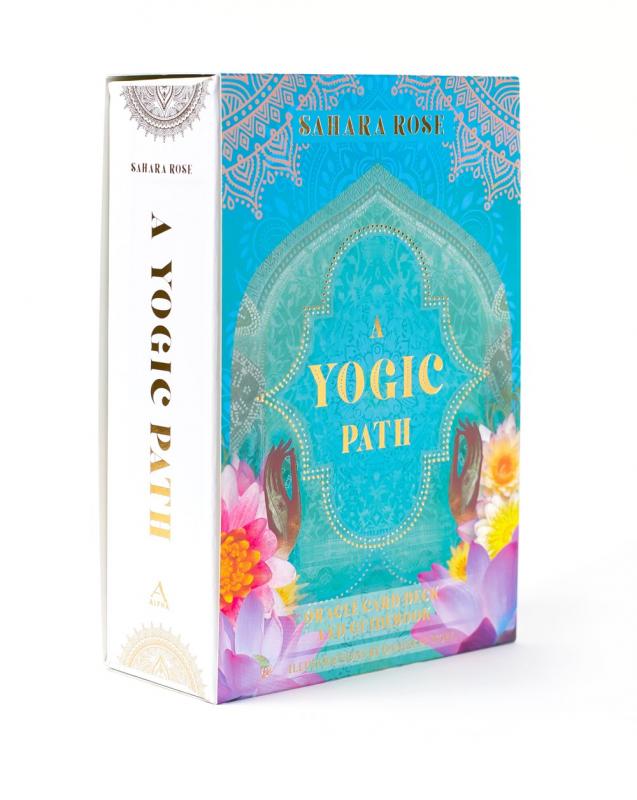 Hindu-inspired patterns on the front of the box with a blue background and flowers