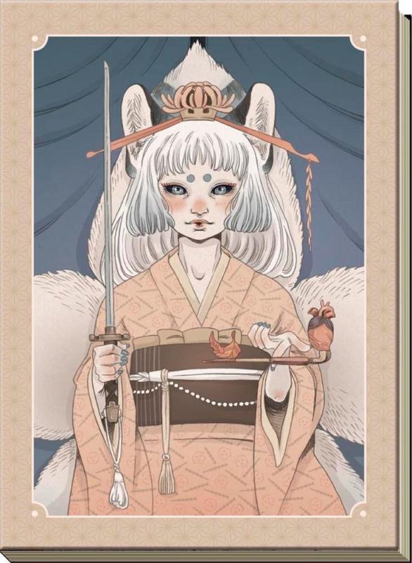 image of a Japanese demon with a beige border