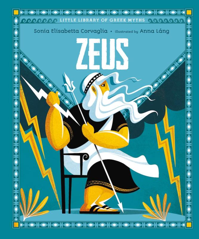 cartoon side profile of zeus with a thunderbolt and spear in hand